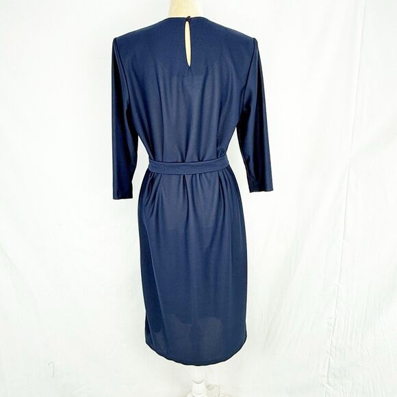 Vintage Antthony Richards Women Navy Blue Midi Dress Tie Waist Size 12 - Picture 2 of 14